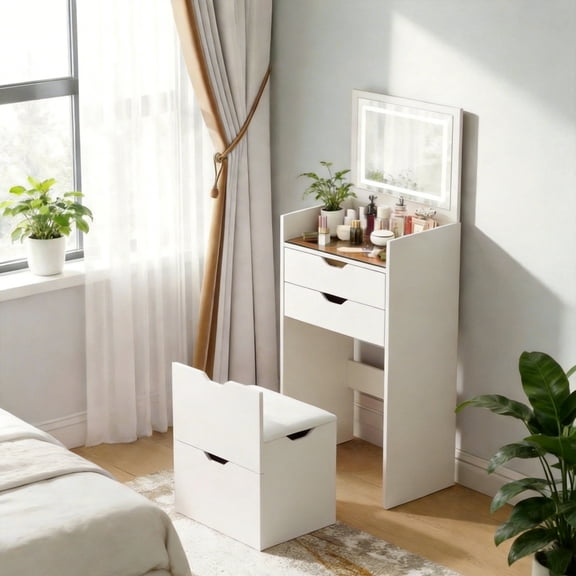 3-in-1 Vanity Desk with Lights & Flip Mirror, Small Makeup Vanity Set with Hidden Stool and Storage Drawers, Space-Saving Dressing Table for Bedroom, White
