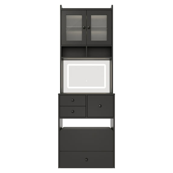 JustSmart 3-in-1 Vanity Desk with Sliding LED Mirror, Tall Makeup Dressing Table Set with 4 Drawers, Acrylic Doors, 2 AC Outlets & USB-C, Jewelry Box, Cushioned Chair, Black