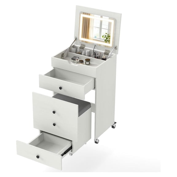 3-in-1 Vanity Desk with -Top LED Mirror, Rolling Stool with Storage & Drawer, 20 inch Compact Modern Makeup Vanity Table for Bedroom & Apartment, White