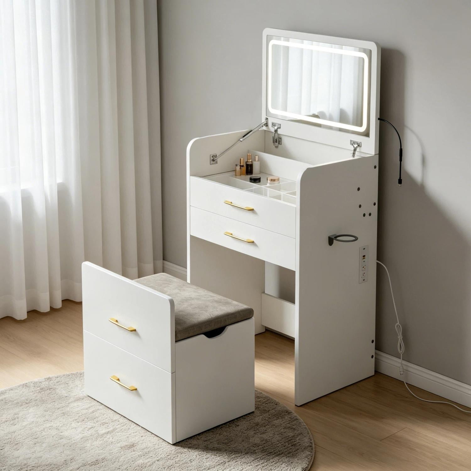 3-in-1 Vanity Desk with Built-in Charging Station and LED Mirror, Dressing Table and Makeup Station with Power Outlet and Stool for Bedroom, White