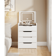 3-in-1 Vanity Desk with Flip Top Mirror, Glass Desktop, 3 Drawers, Compact Makeup Vanity Table with Cushioned Stool for Bedroom Dressing & Storage