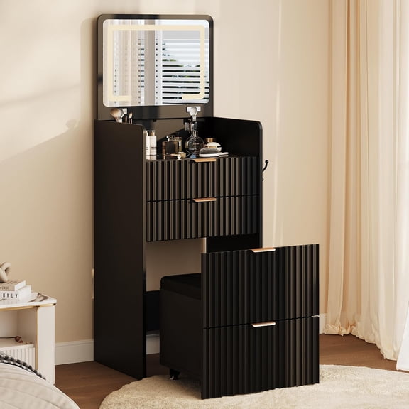 3-in-1 Vanity Desk with Flip Top Mirror and Lights, Rolling Stool, 3 Drawers, Charging Station, Compact Makeup Table for Small Spaces,Black