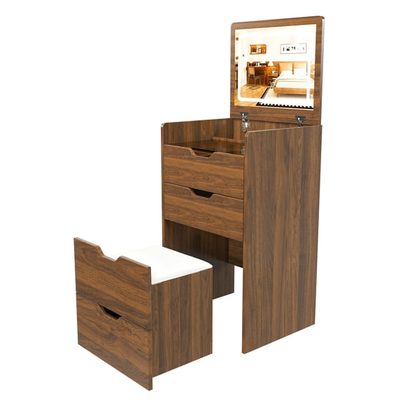 3-in-1 Vanity Desk with Lighted Mirror & Stool, Flip Top Makeup Dressing Table, Compact Storage for Bedroom, Bathroom, Dressing Room (18.9"L, Walnut)