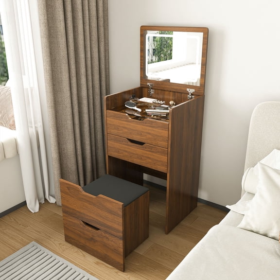 3-in-1 Vanity Desk with Lighted Mirror & Stool, Flip Top Makeup Dressing Table, Compact Storage for Small Bedroom, Walnut