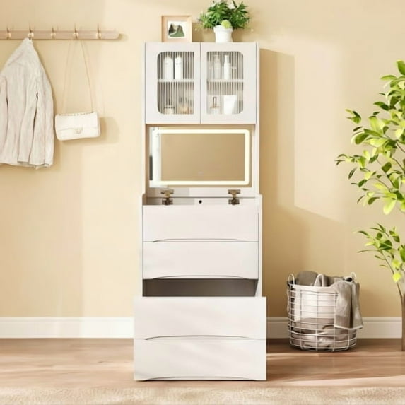 3-in-1 Vanity Table with LED Mirror & Storage Stool, Flip Top Makeup Dressing Table with Adjustable Lights, 5 Storage Spaces, Cosmetic Organizer for Bedroom