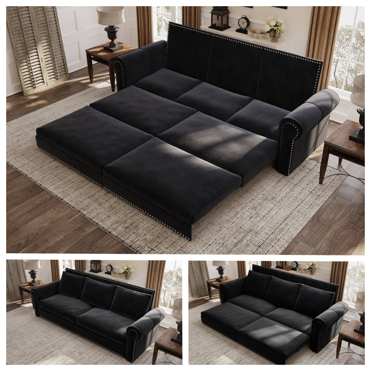 3-in-1 Velvet Convertible Sleeper Bed, 93.7" Chesterfield Sofa, King Size Pull Out Sofa Bed with Nailhead Trim & Rolled Arms, , Multi-Functional Futon Bed for Living Room, Bedroom, Apartment
