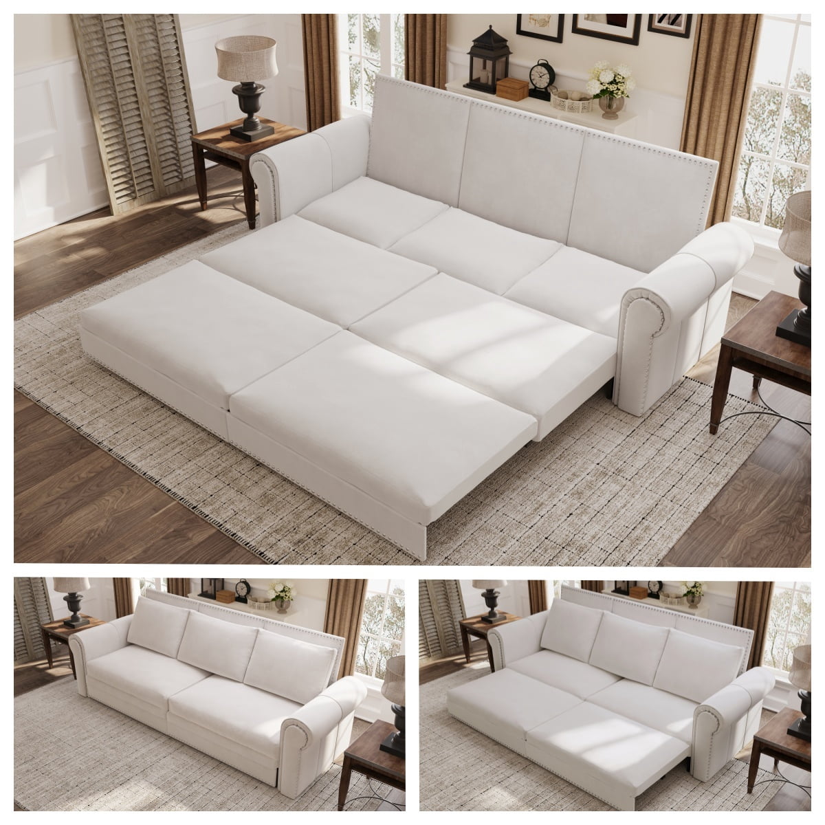 3-in-1 Velvet Convertible Sleeper Bed, 93.7" Chesterfield Sofa, King Size Pull Out Sofa Bed with Nailhead Trim & Rolled Arms, , Multi-Functional Futon Bed for Living Room, Bedroom, Apartment
