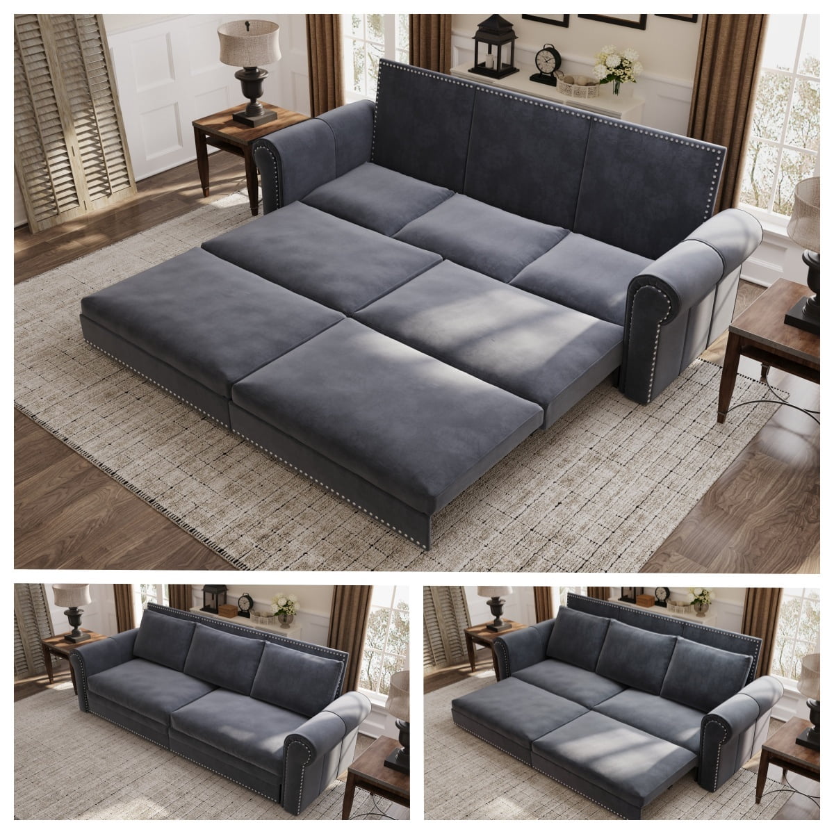 3-in-1 Velvet Convertible Sleeper Bed, 93.7" Chesterfield Sofa, King Size Pull Out Sofa Bed with Nailhead Trim & Rolled Arms, , Multi-Functional Futon Bed for Living Room, Bedroom, Apartment