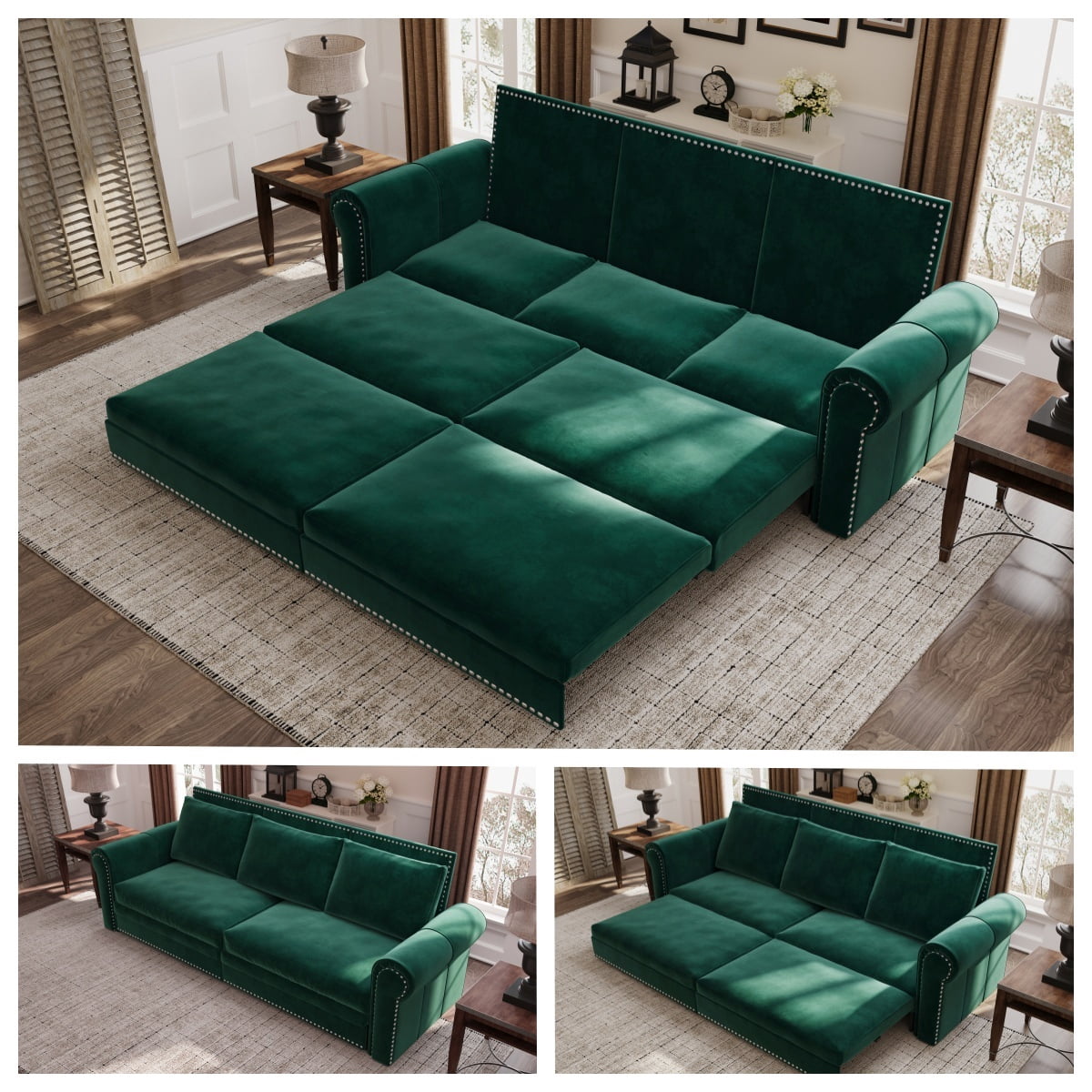 3-in-1 Velvet Convertible Sleeper Bed, 93.7" Chesterfield Sofa, King Size Pull Out Sofa Bed with Nailhead Trim & Rolled Arms, , Multi-Functional Futon Bed for Living Room, Bedroom, Apartment
