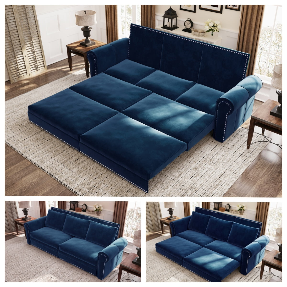 3-in-1 Velvet Convertible Sleeper Bed, 93.7" Chesterfield Sofa, King Size Pull Out Sofa Bed with Nailhead Trim & Rolled Arms, , Multi-Functional Futon Bed for Living Room, Bedroom, Apartment