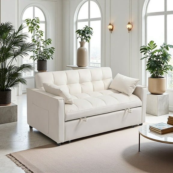 3-in-1 Velvet Pull-Out Sleeper Sofa Bed with Armrests, Storage Pockets, and 2 Pillows, Adjustable Backrest, Convertible Sofa Couch for Living Room or Bedroom, Modern Design, Cream Color