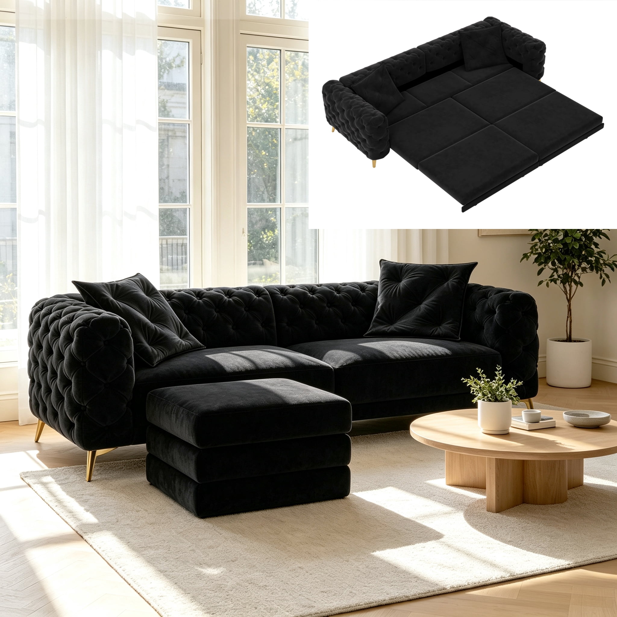 3-in-1 Velvet Sleeper Sofa Bed, 97.7" Modern Button Tufted Convertible Pull Out Couch with Gold Metal Legs & Deep Seat for Living Room, Balck