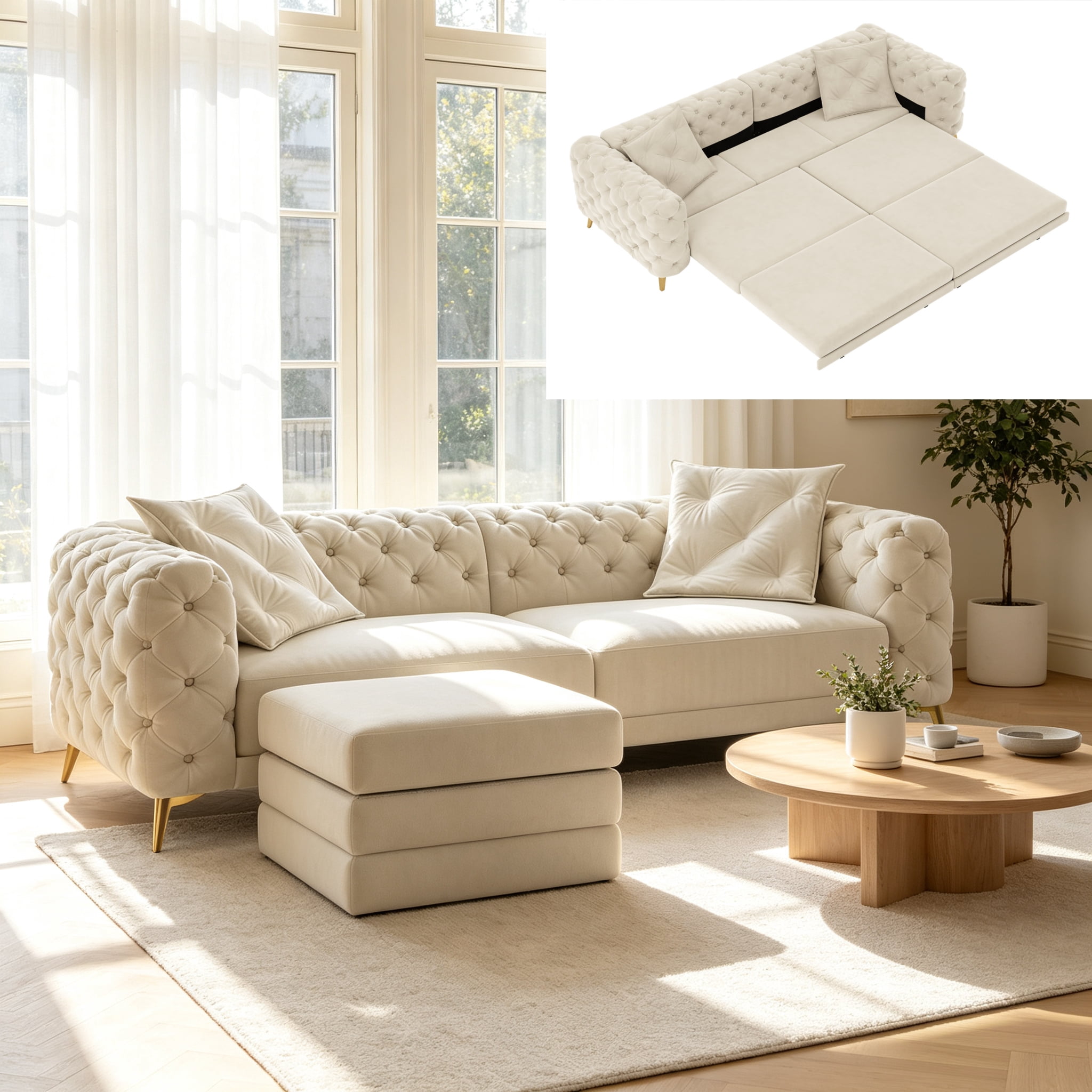 3-in-1 Velvet Sleeper Sofa Bed, 97.7" Modern Button Tufted Convertible Pull Out Couch with Gold Metal Legs & Deep Seat for Living Room, Beige