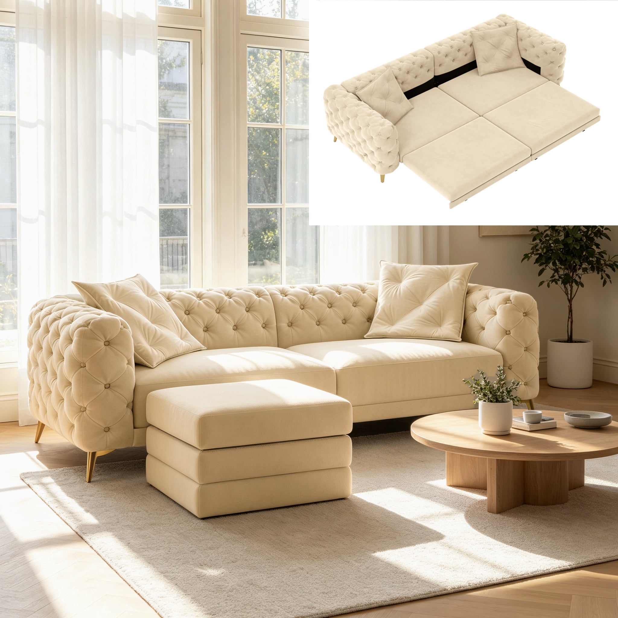 3-in-1 Velvet Sleeper Sofa Bed, 97.7" Modern Button Tufted Convertible Pull Out Couch with Gold Metal Legs & Deep Seat for Living Room, Camel