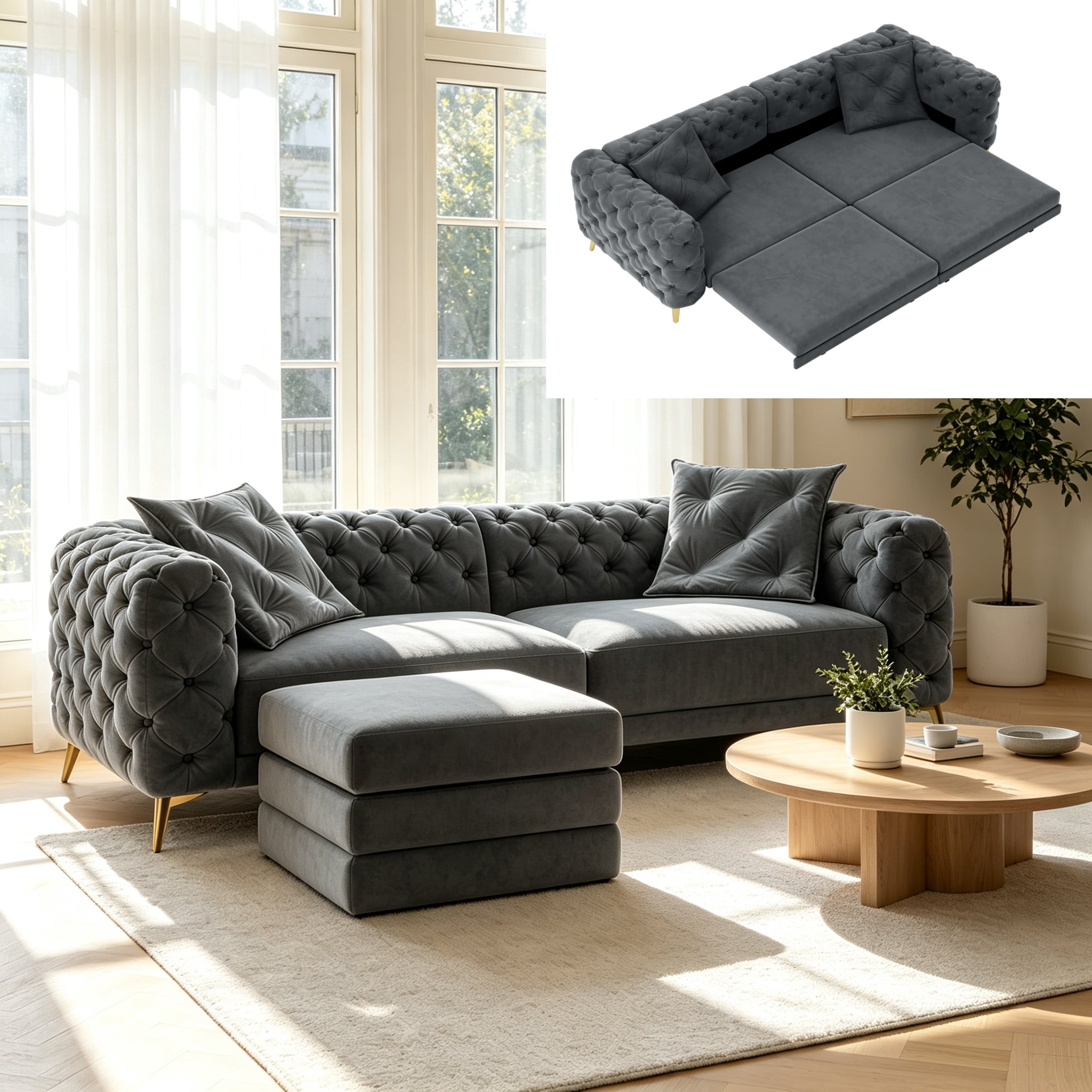 3-in-1 Velvet Sleeper Sofa Bed, 97.7" Modern Button Tufted Convertible Pull Out Couch with Gold Metal Legs & Deep Seat for Living Room, Drak Gray