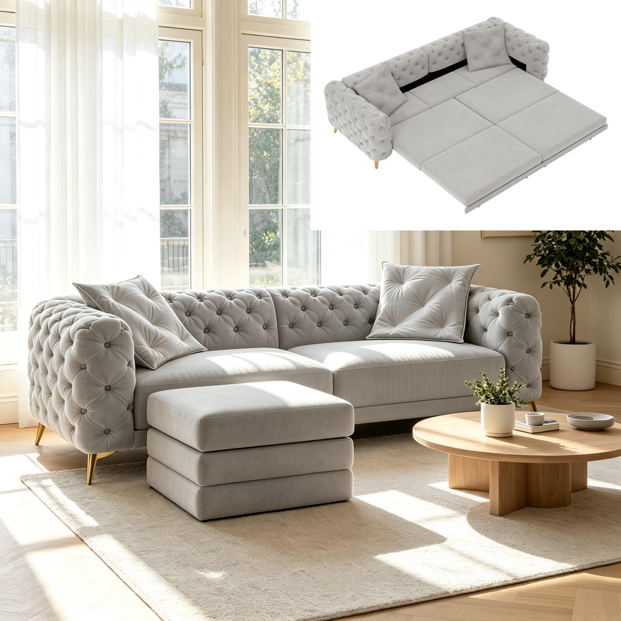 3-in-1 Velvet Sleeper Sofa Bed, 97.7" Modern Button Tufted Convertible Pull Out Couch with Gold Metal Legs & Deep Seat for Living Room, Light Gray