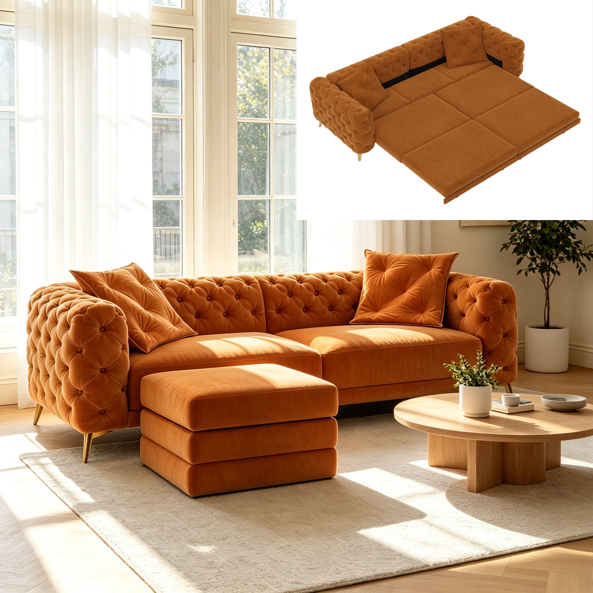 3-in-1 Velvet Sleeper Sofa Bed, 97.7" Modern Button Tufted Convertible Pull Out Couch with Gold Metal Legs & Deep Seat for Living Room, Orange