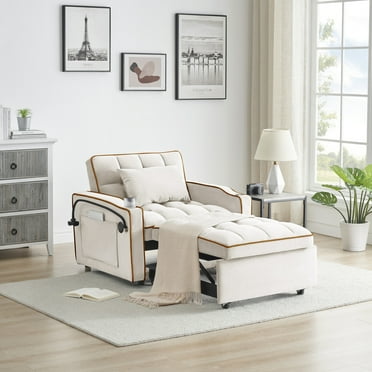 3-in-1 Versatile Foldable Sofa Bed with Adjustable Back and USB Port,Modern Velvet Futon Couch Pullout Bed with Ashtray&Swivel Phone Stand for Living Room, Bedroom,Creamy White