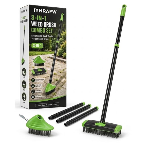 3-in-1 Versatile Weed Brush Combo Set Long Handle Deck Floor Scrub Brush with Steel Wire Brushes