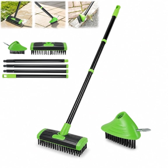 3-in-1 Versatile Weed Brush Combo Set with Long Handle | Floor Scrub Brush, Crack Weeder, Paver Joint Cleaner and Moss Removal Tool for Patio Driveway Walkway Deck Concrete