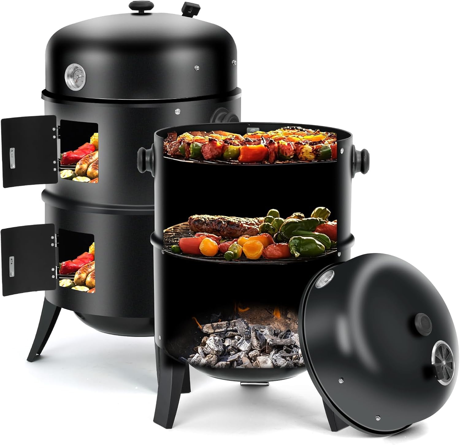 3-in-1 Vertical Charcoal Smoker Grill 16 Inch Portable Outdoor BBQ Smoker Grills with Built-in Thermometer, Air Vent, 2 Access Doors and 3 Hooks Idea for Patio Camping Backyard Barbecue Cooking