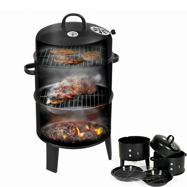 Backyard Suitable 3-Tier BBQ for Smoker Barbeque Family Camping Grill Round Outdoor Hiking Party Grill Cooking 3-in-1 Vertical Hunting Grill Smoker Charcoal