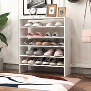 3-in-1 Vertical Shoe Rack, 6-Tier Free Standing Shoe Storage Organizer w/Stackable Design for 18 Pairs, 31 Inch Wide Wood Shoe Shelf for Closet, Entryway, Living Room, Office, White