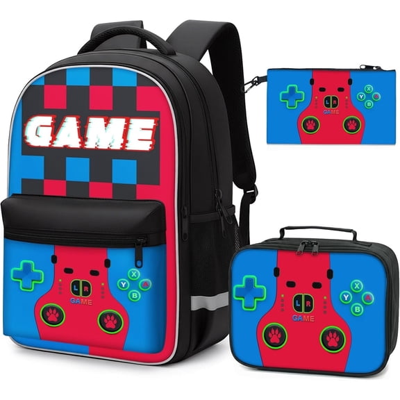 3-in-1 Video Game Backpack for Children Teen Boys, Boys Gamer Backpack Set with Lunch Bag & Pencil Pouch - Big 16.5 inch School Bookbag for Middle Elementary College