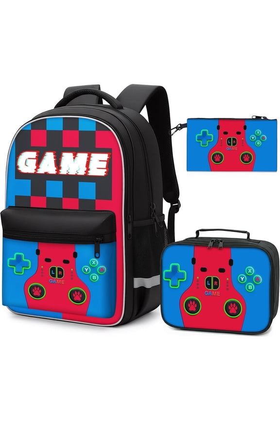 3-in-1 Video Game Backpack for Children Teen Boys, Boys Gamer Backpack Set with Lunch Bag & Pencil Pouch - Big 16.5 inch School Bookbag for Middle Elementary College