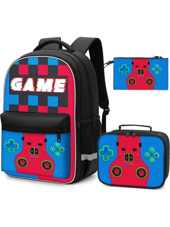 3-in-1 Video Game Backpack for Children Teen Boys, Boys Gamer Backpack Set with Lunch Bag & Pencil Pouch - Big 16.5 inch School Bookbag for Middle Elementary College