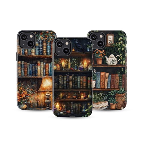 3 in 1 Vintage Bookshelf Phone Case Set, Dark Academia Bookworm Aesthetic Cover for iPhone 16 15 14 13 12 11 Pro Max Plus Mini
