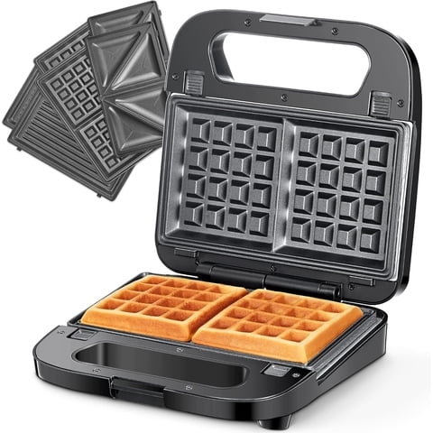 3-in-1 Waffle, Grill & Sandwich Maker, Panini Press Grill and Waffle Iron Set with Removable Non-Stick Plates, Perfect for Cooking Grilled Cheese, Tuna Melts, Burgers, Steaks and Snacks, Black