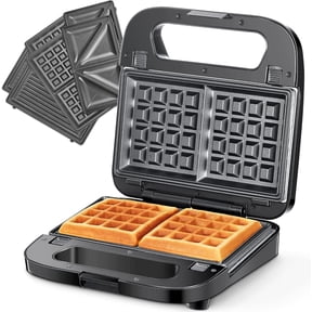 3-in-1 Waffle, Grill & Sandwich Maker, Panini Press Grill and Waffle Iron Set with Removable Non-Stick Plates, Perfect for Cooking Grilled Cheese, Tuna Melts, Burgers, Steaks and Snacks, Black