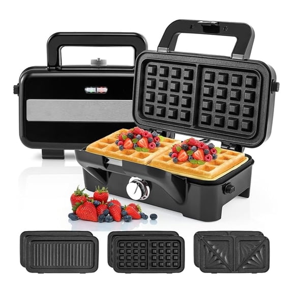 3 in 1 Waffle Maker, Sandwich Press - Removable Plates, 5 Temp Control, Panini Press & Grill for Breakfast Steak - Non-Stick Easy Clean