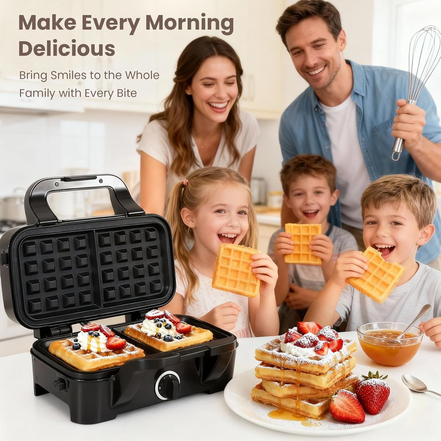 3-in-1 Waffle Maker with Removable Plates, Nonstick Sandwich & Pancake Maker, 5-Level  Control for Family Breakfast