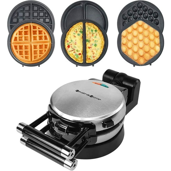 3-in-1 Waffle, Omelet, Egg Waffle Maker, 3 Removable Nonstick Baking Plates, Upgraded 360 Rotating Belgian Maker