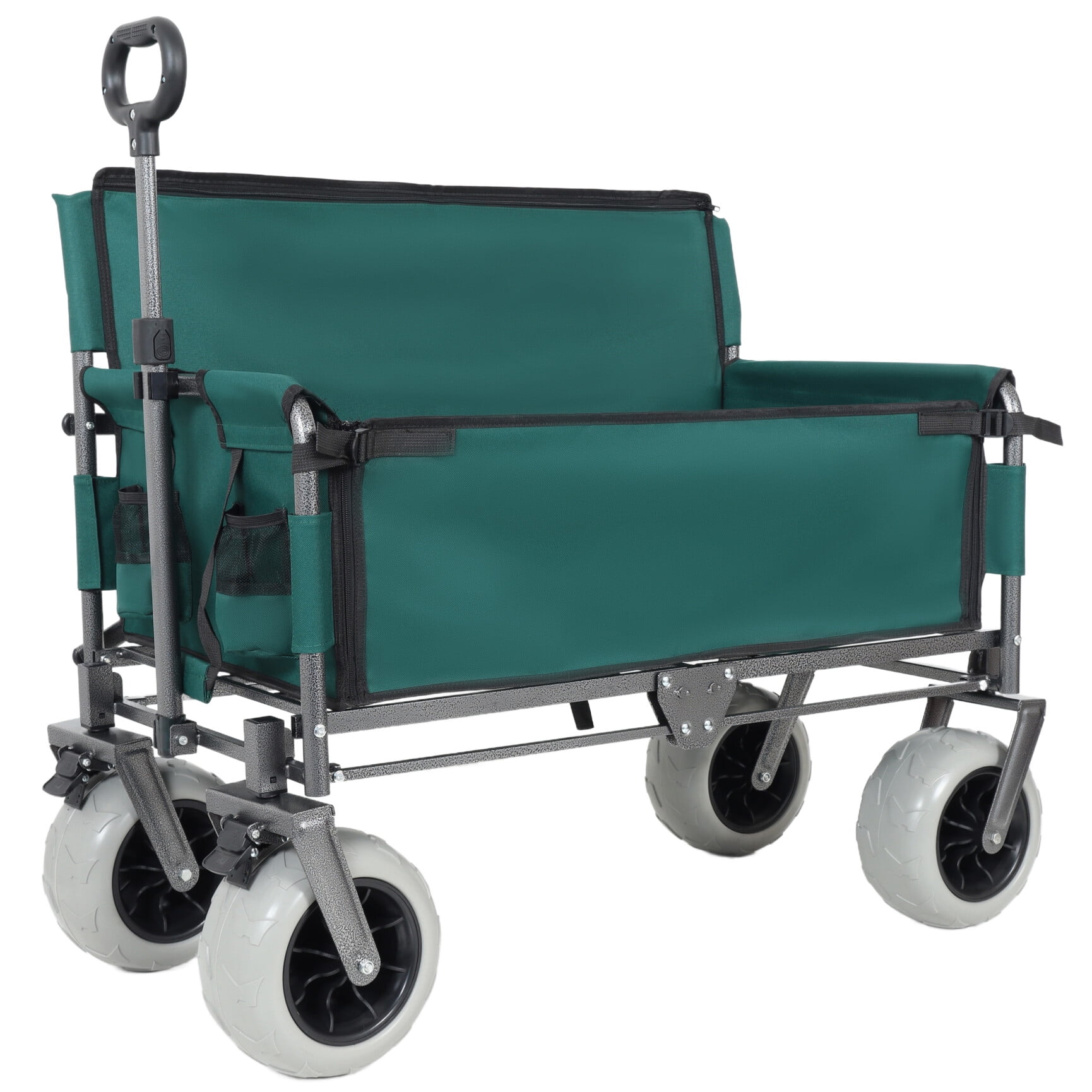 3-in-1 Wagon Carts Foldable with Bench Seat, 500lbs Capacity Wagon with 360° Swivel Beach Tires, Heavy-Duty Utility Wagon for Camping & Beach, Green