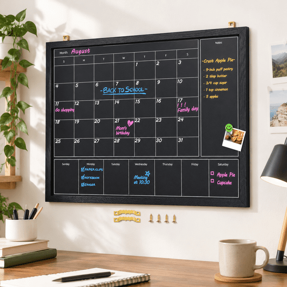 3-in-1 Wall Chalkboard Calendar, Black Wood Frame, 32