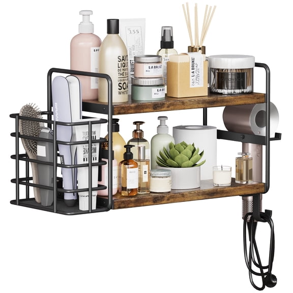 3-in-1 Wall Mounted Hair Dryer Holder with 2 Tier Shelves & Detachable Basket, Space Saving Organizer for Bathroom, Bedroom(Rustic Brown)