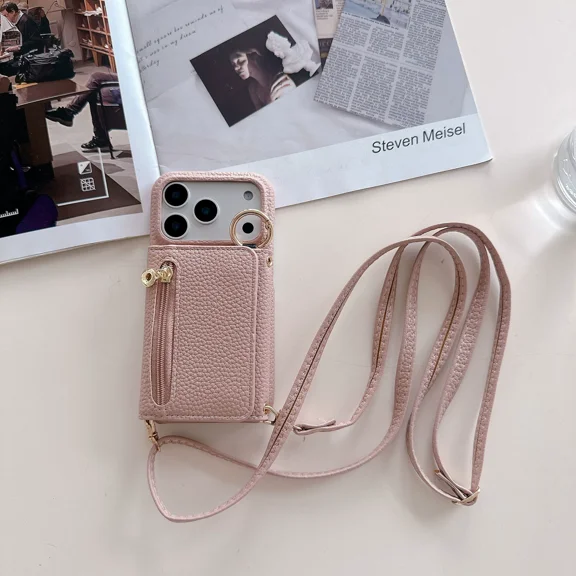 3-in-1 Wallet Case for iPhone 17 Pro Max, PU Leather Card Holder with Shoulder Strap, Multi-Function Tri-Fold Design with Cash Pocket & ID Window, Pink