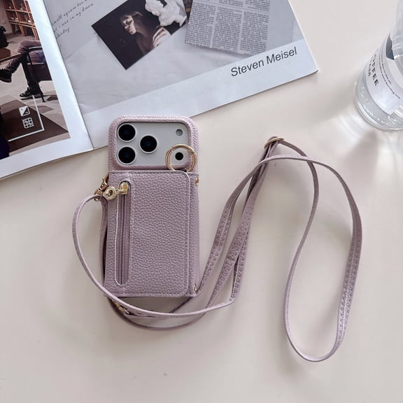 3-in-1 Wallet Case for iPhone 17 Pro Max, PU Leather Card Holder with Shoulder Strap, Multi-Function Tri-Fold Design with Cash Pocket & ID Window, Purple