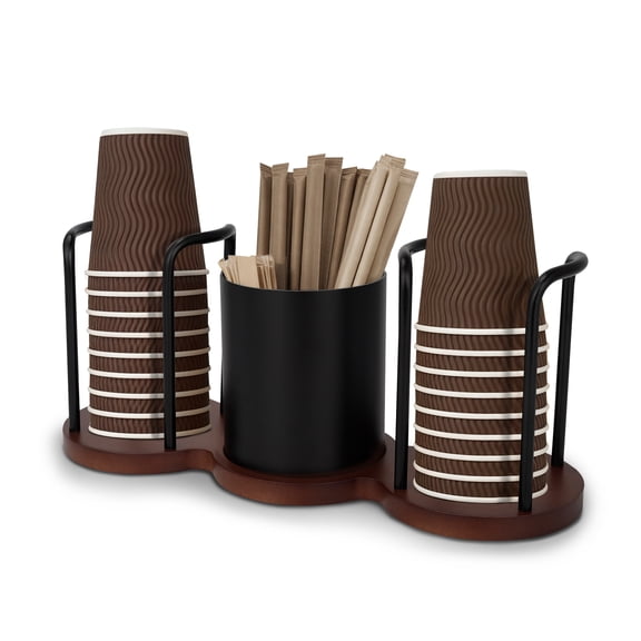 3-in-1 Walnut Coffee Bar Organizer with Dual Cup Dispenser, Paper Cup Holder and Storage Caddy for Office and Bathroom, Black