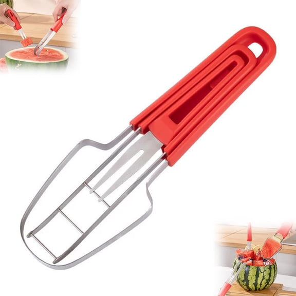 3-in-1 Watermelon Slicer and Fruit Cutter Tool, Handheld Mango Corer with Integrated Fork, Pineapple Dicing Set for Summer Kitchen, Versatile Produce Cubing Gadgets for Picnic and Home
