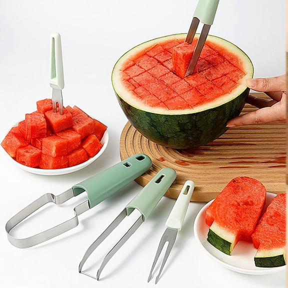 3-in-1 Watermelon Slicer, Fruit Cutter and Fork with Mold, Stainless Steel Melon Tool for Fruit Platter, Kitchen Gadget