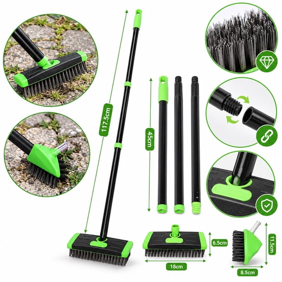 3 in 1 Weeding Wire Metal Brush Tools, Concrete Scrub Deck Brush with Long Iron Handle for Moss, Tough Stains on Paving, Garden, Patio, Pool, 46.26in