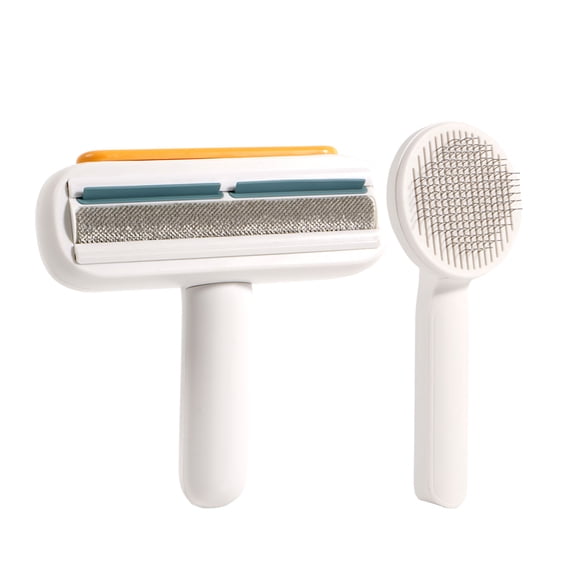 3-in-1 White Pet Grooming & Hair Removal Kit Self-Cleaning Slicker Brush, Reusable Lint Roller with Stainless Steel Surface, Ideal for Dogs, Cats, Furniture, Carpet & Car Interiors, 2-Piece Set