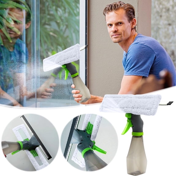 3 in 1 Window Cleaner Spray Bottle Squeegee Kit, Microfiber Cloth Pad, Large Refillable Water Tank, Spray Wiper Glass Cleaning Tool, Green/White