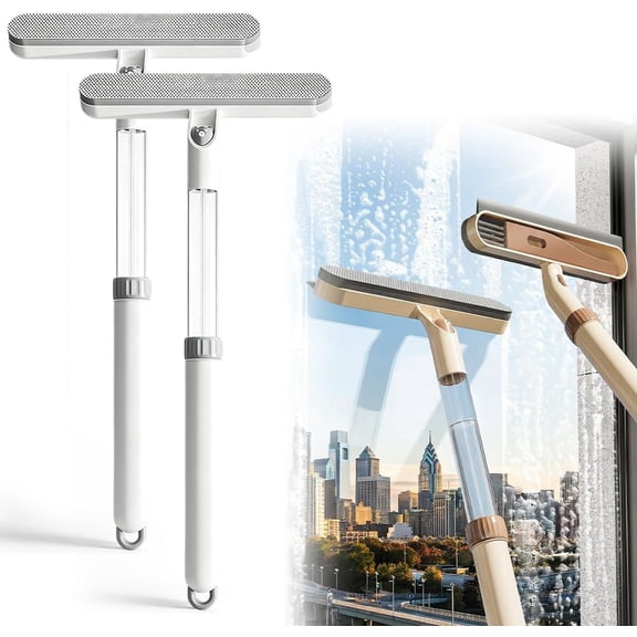 3-in-1 Window Screen Cleaning Brush with Extendable Handle, Double-Sided Squeegee & Crevice Cleaner, Multi-Surface Scrubber for Home Kitchen Office Car Windows(White-2Pcs) (K)