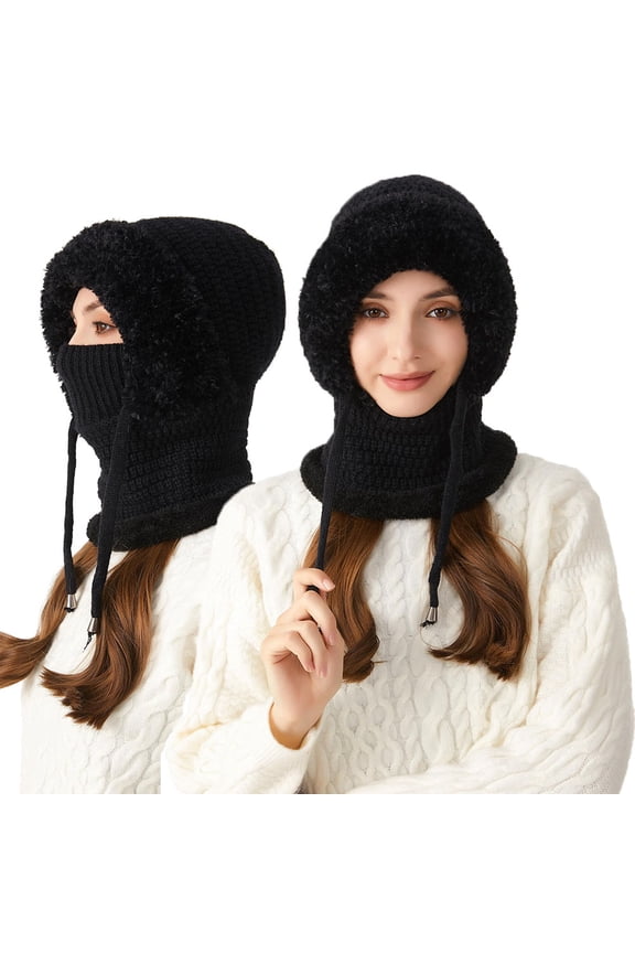 3-in-1 Winter Balaclava for Women, Women's Outdoors Windproof Scarf Hat, Warm Neck Knitted Hat Sets Black