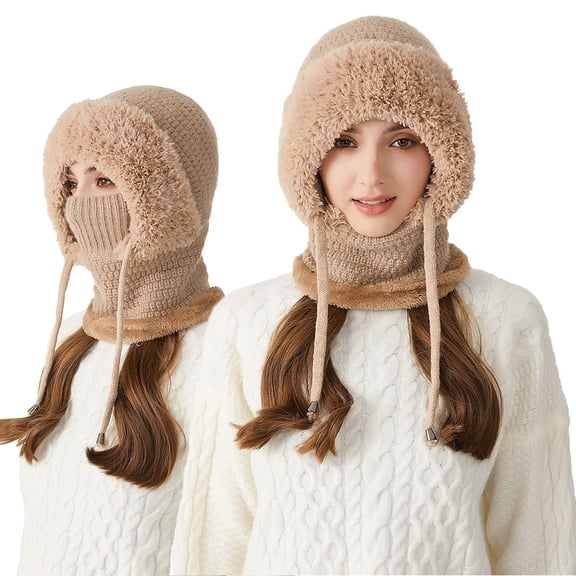 3-in-1 Winter Balaclava for Women, Women's Outdoors Windproof Scarf Hat, Warm Neck Knitted Hat Sets Tan